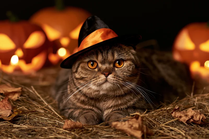 Scottishfold tabby cat wearing witch hat lying on straw with carved pumpkins glowing in background