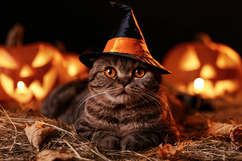 Scottishfold tabby cat wearing witch hat lying on straw with glowing pumpkins behind