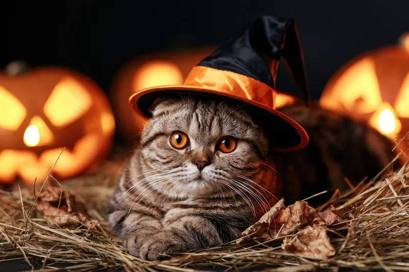 Scottishfold tabby cat wearing witch hat lying on straw with glowing pumpkins behind