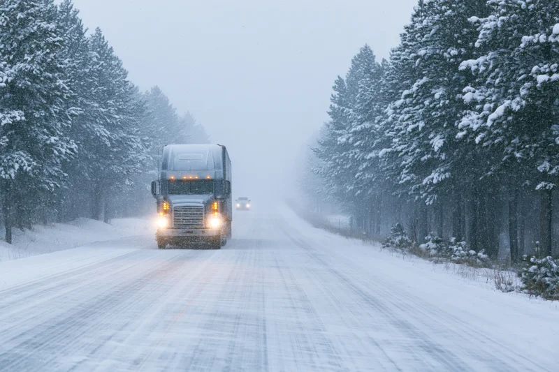 Semi-truck driving toward camera on snow-covered two-lane highway flanked by snow-laden pine trees in winter storm