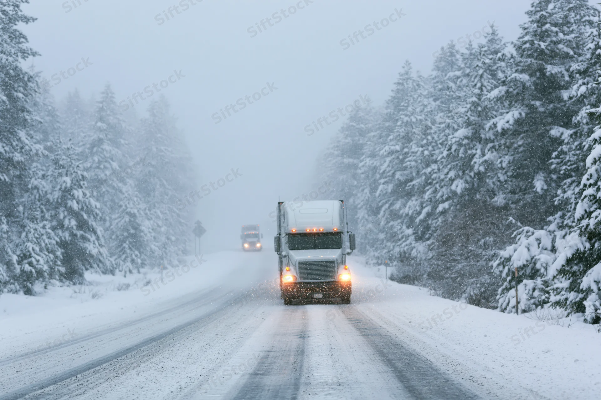 Semi-truck driving toward camera on snow-covered two-lane highway flanked by snow-laden pine trees