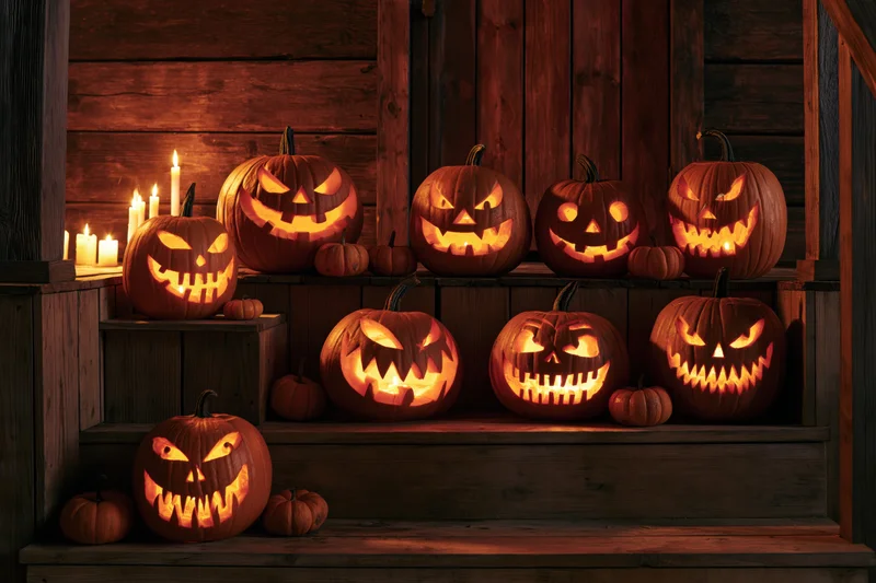 Carved jack-o-lanterns glowing on wooden porch steps at night