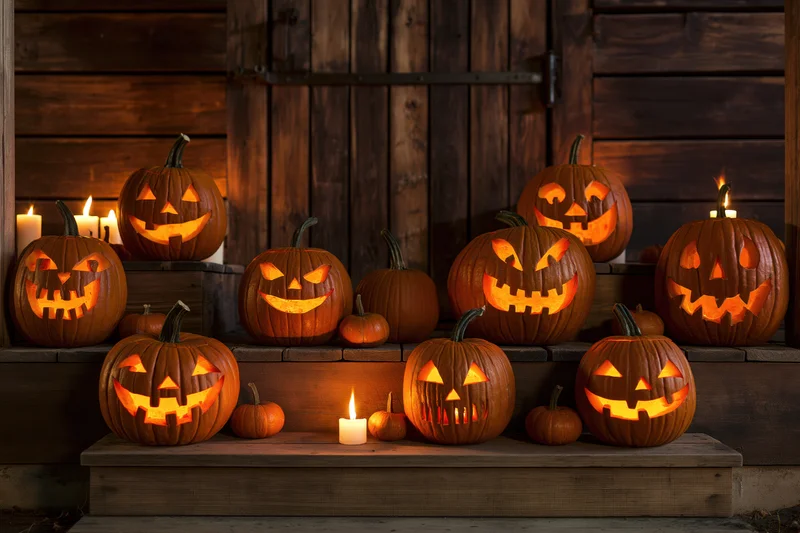 Carved pumpkins glowing with candles arranged on wooden steps at night