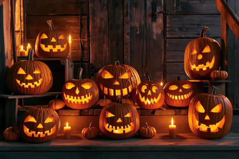 Carved jack-o-lanterns glowing with candles on wooden porch steps at night