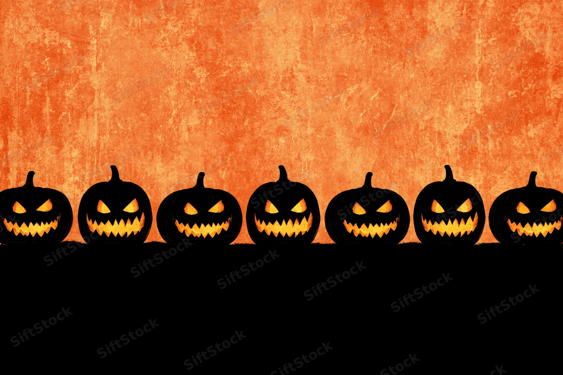 Seven carved jack-o-lantern silhouettes in a row against an orange textured background with black copyspace below
