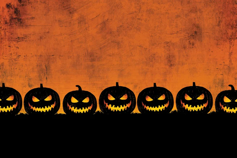 Seven carved jack-o-lantern silhouettes in a row against an orange textured background with glowing eyes and grins, bottom half in shadow