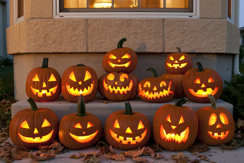 Carved jack-o-lanterns glowing on front porch steps surrounded by fallen leaves