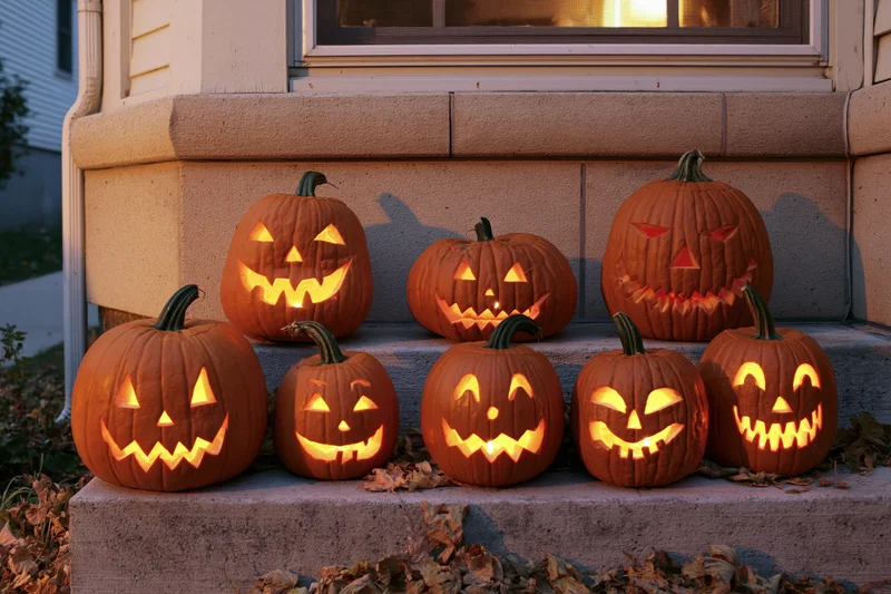 Seven carved jack-o-lanterns glowing on front porch steps at twilight