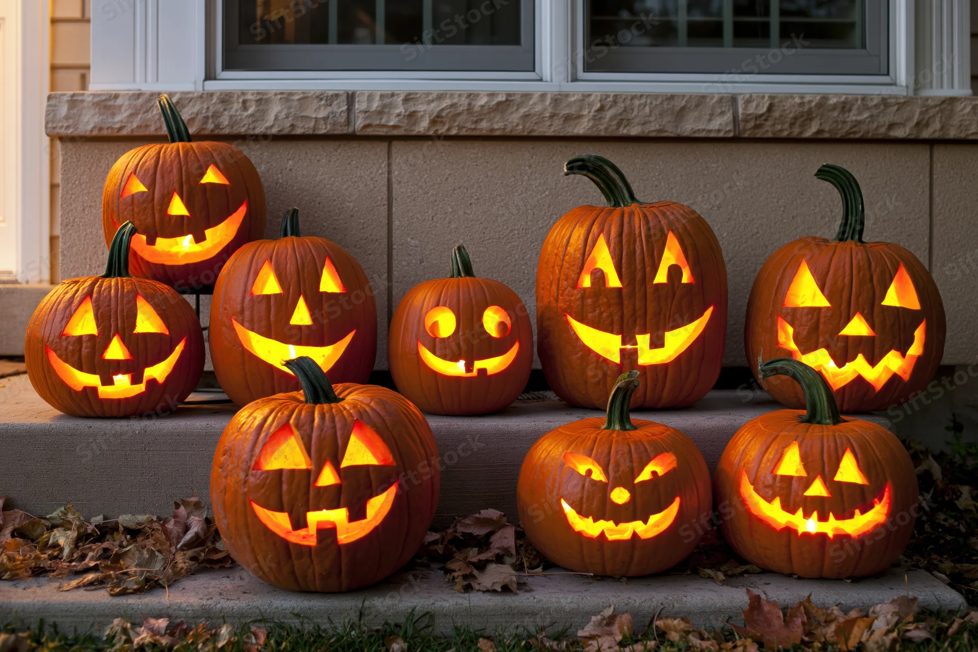 Seven carved jack-o-lanterns glowing on front porch steps at night