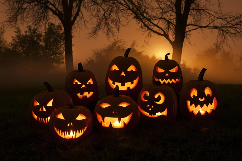 Seven carved jack-o-lanterns glowing on dark grass in a foggy forest at night