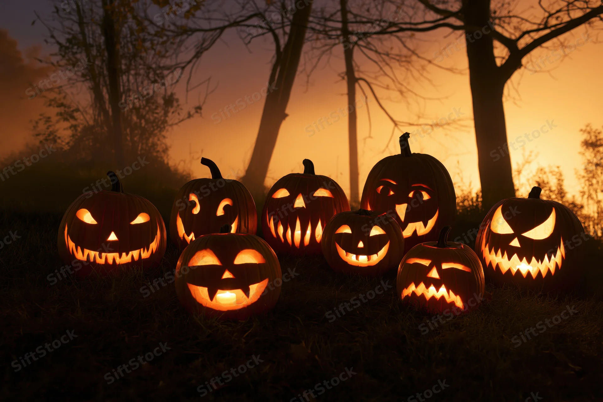 Seven carved jack-o-lanterns glowing on dark grass in a misty forest at night