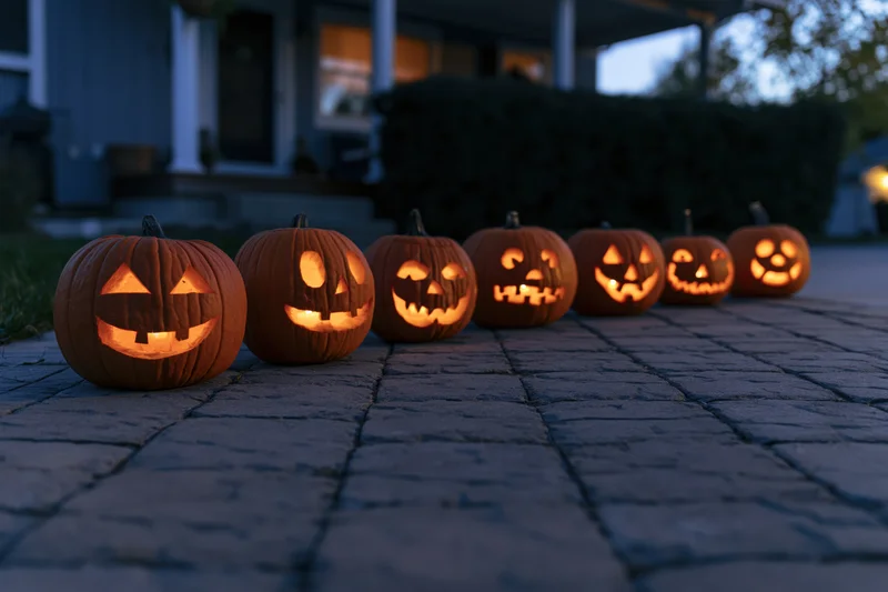 Seven carved jack-o-lanterns glowing in a row on a brick pathway in front of a house at twilight