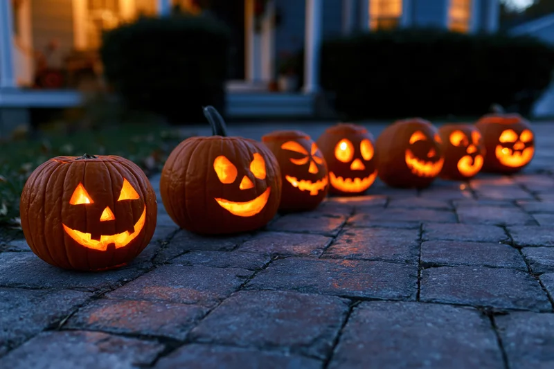Seven carved jack-o-lanterns glowing in a row on a brick pathway in front of a house at dusk