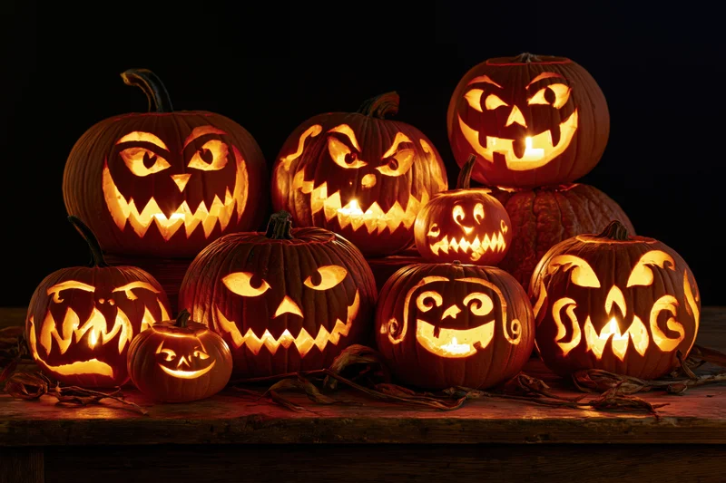 Carved pumpkins glowing with candles on a wooden table at night