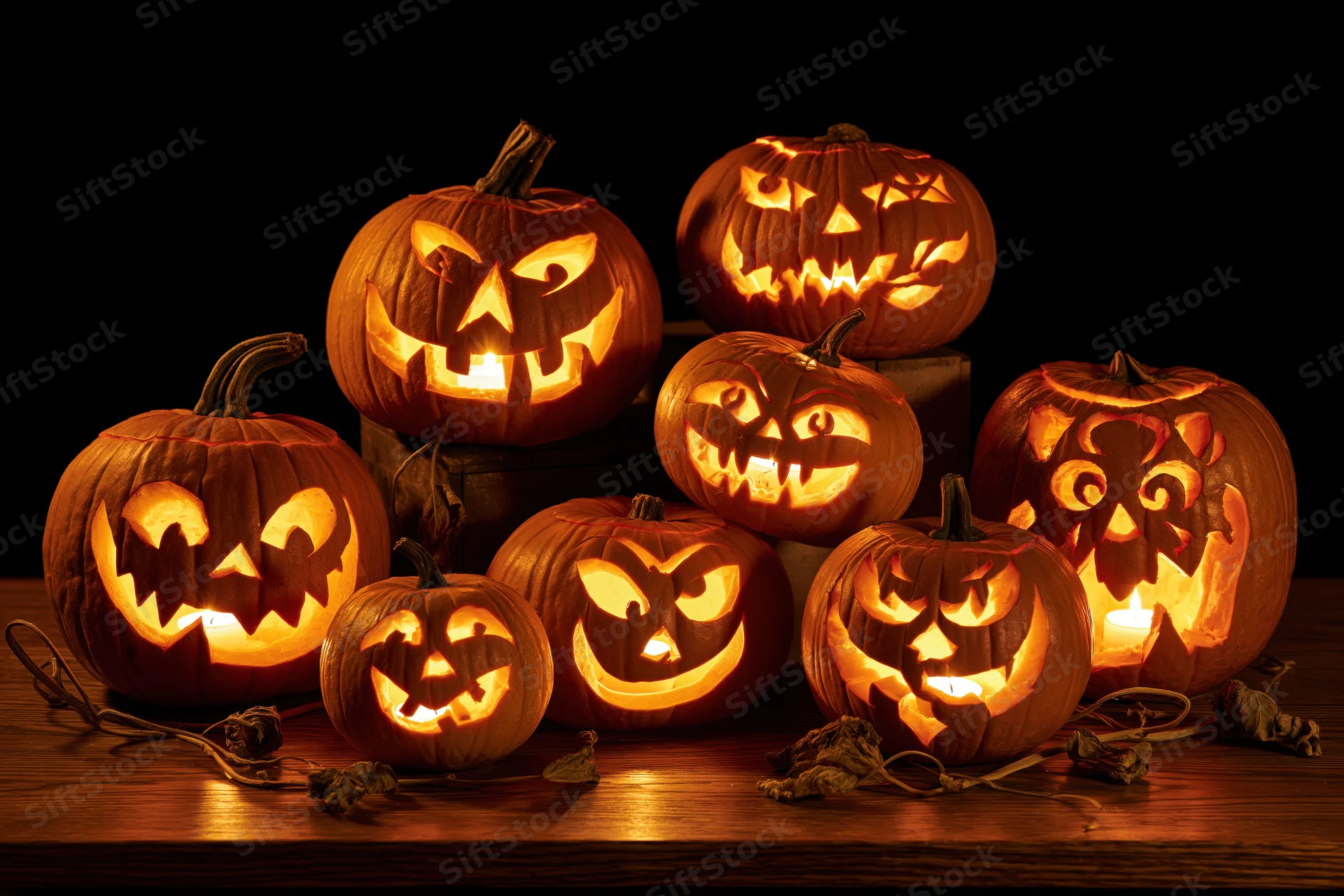 Seven carved jack-o-lanterns glowing with candles on a wooden table at night