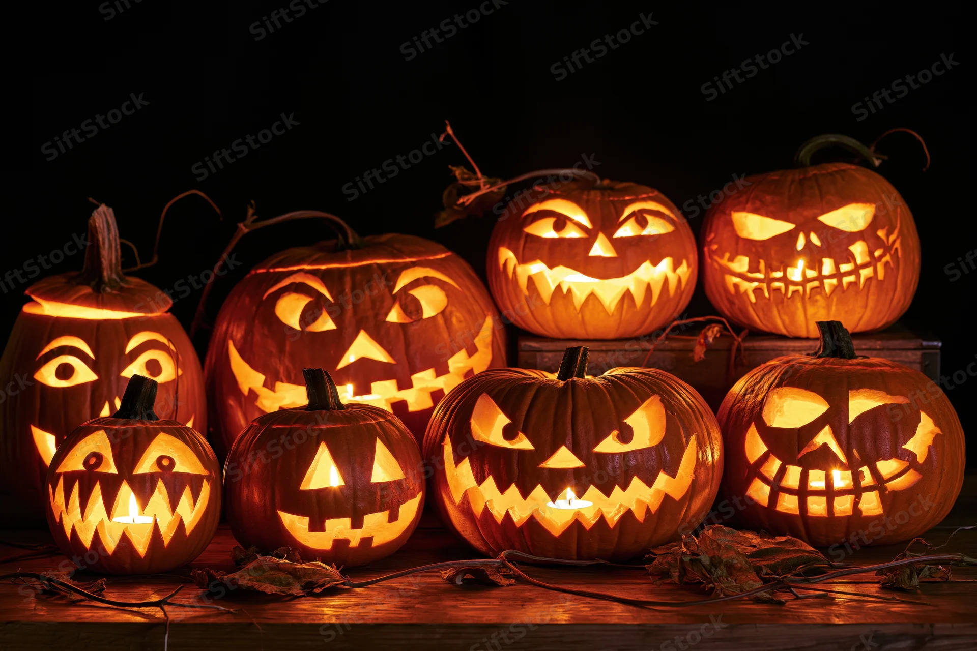 Seven carved jack-o-lanterns glowing with candles on a wooden table at night