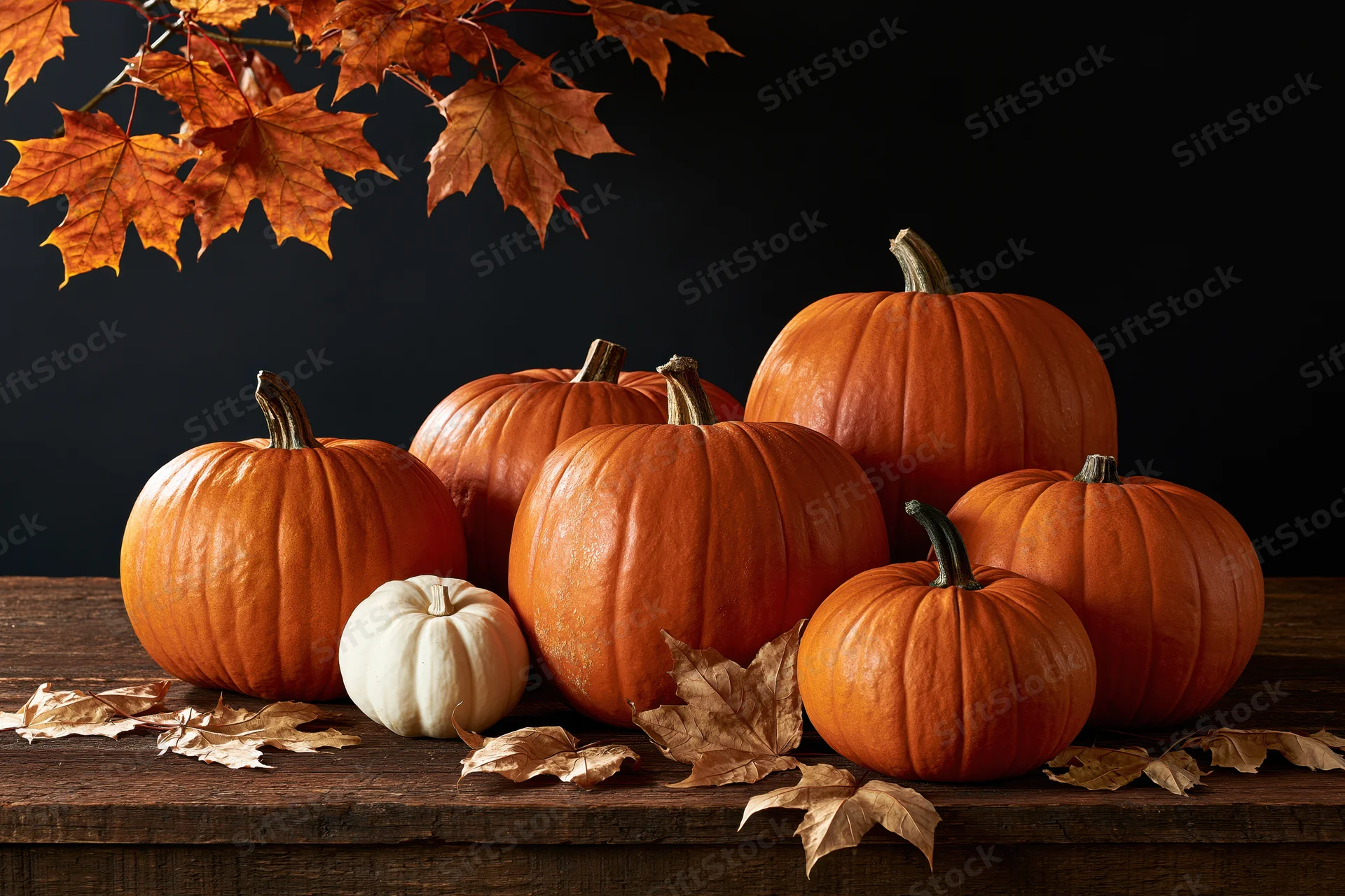 Several pumpkins of varying sizes arranged on a wooden table with autumn leaves and a dark background