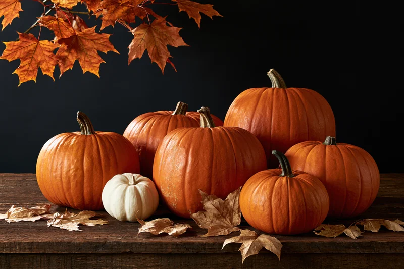 Several pumpkins of varying sizes arranged on a wooden table with autumn leaves and a dark background