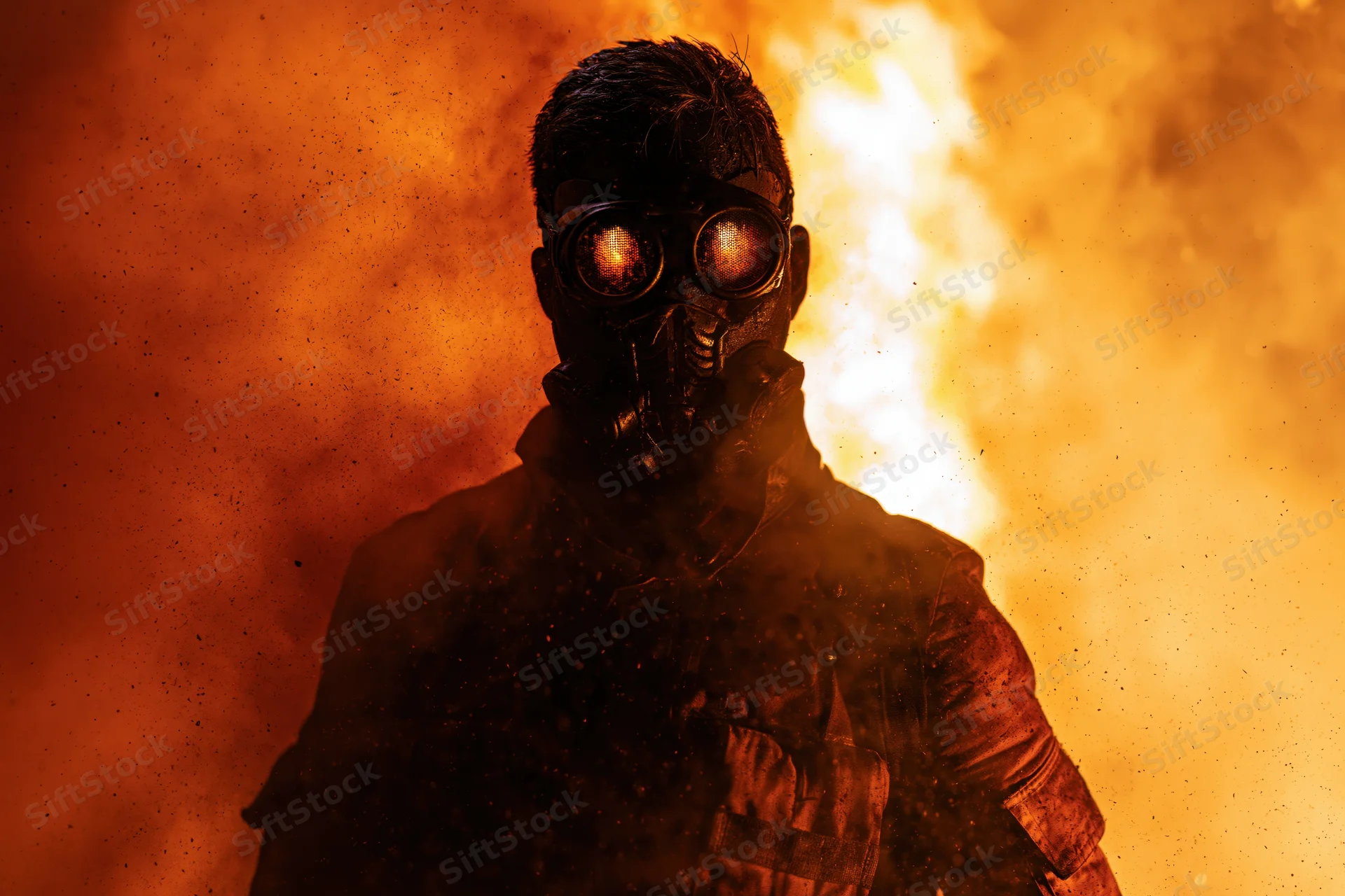 Firefighter in protective gear standing in heavy smoke and flames