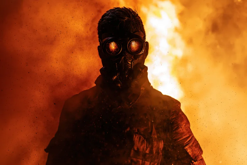 Firefighter in protective gear standing in heavy smoke and flames