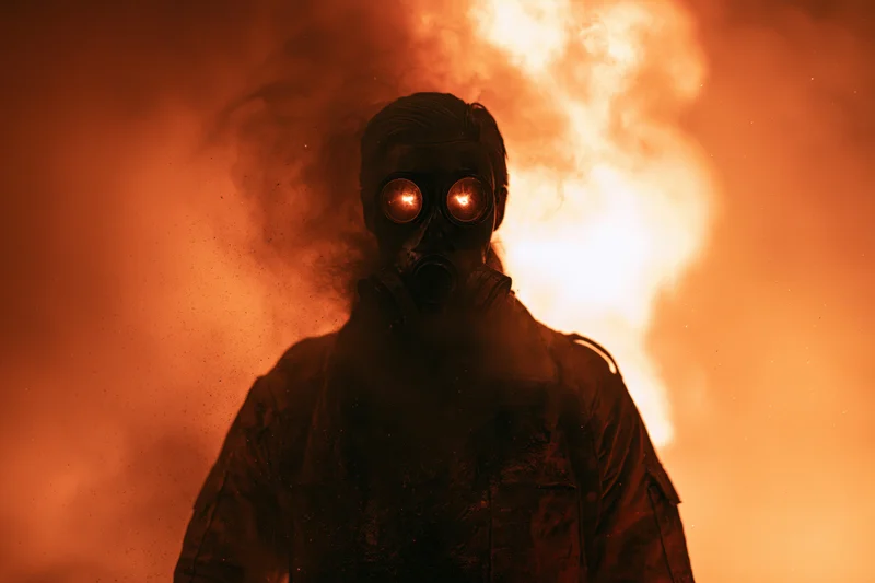 Firefighter in gas mask standing in heavy smoke with flames behind