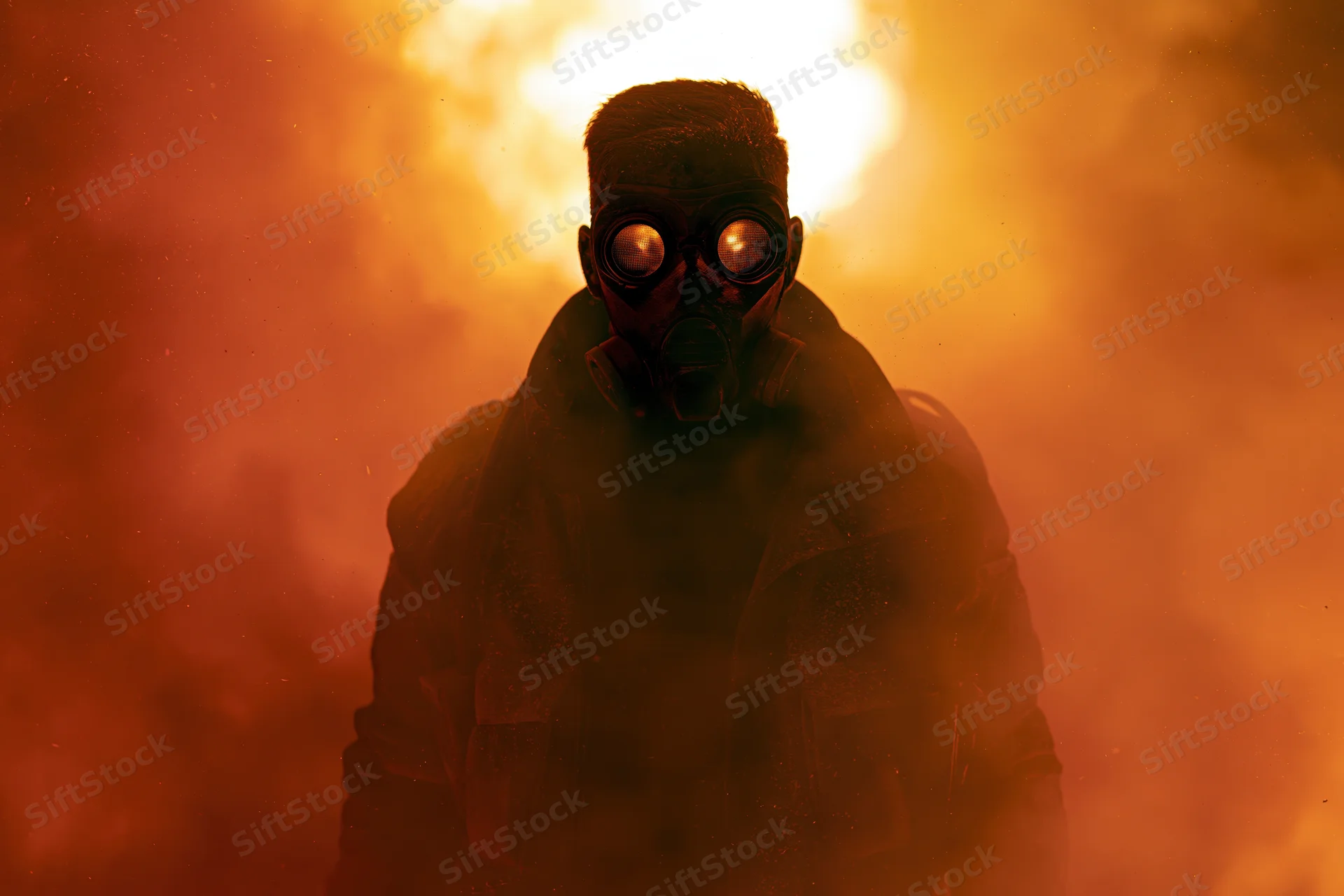 Man in gas mask standing in heavy smoke and fire, backlit by flames