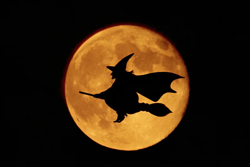 Silhouette of a witch flying on a broomstick against a full orange moon at night
