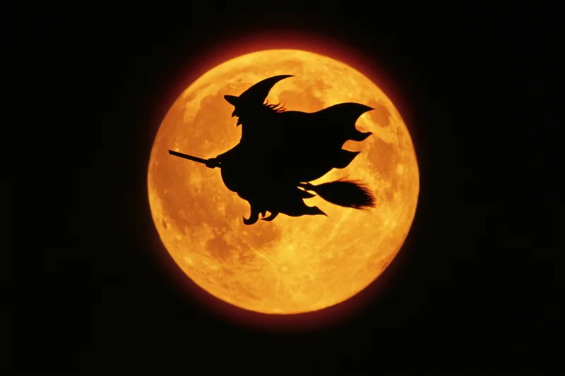 Witch flying on broomstick silhouetted against full orange moon at night