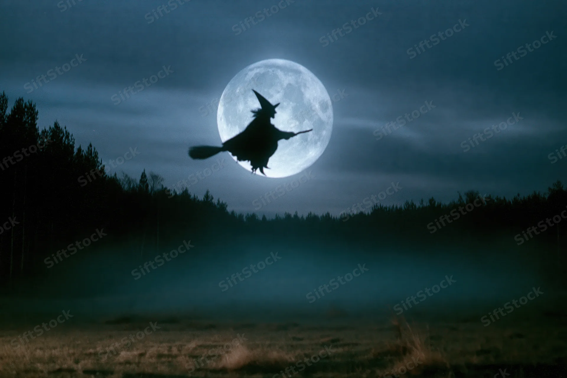 Witch flying on broomstick silhouetted against full moon over misty forest at night