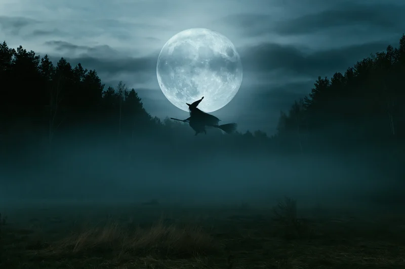 Witch flying on broomstick in silhouette against full moon over foggy forest at night