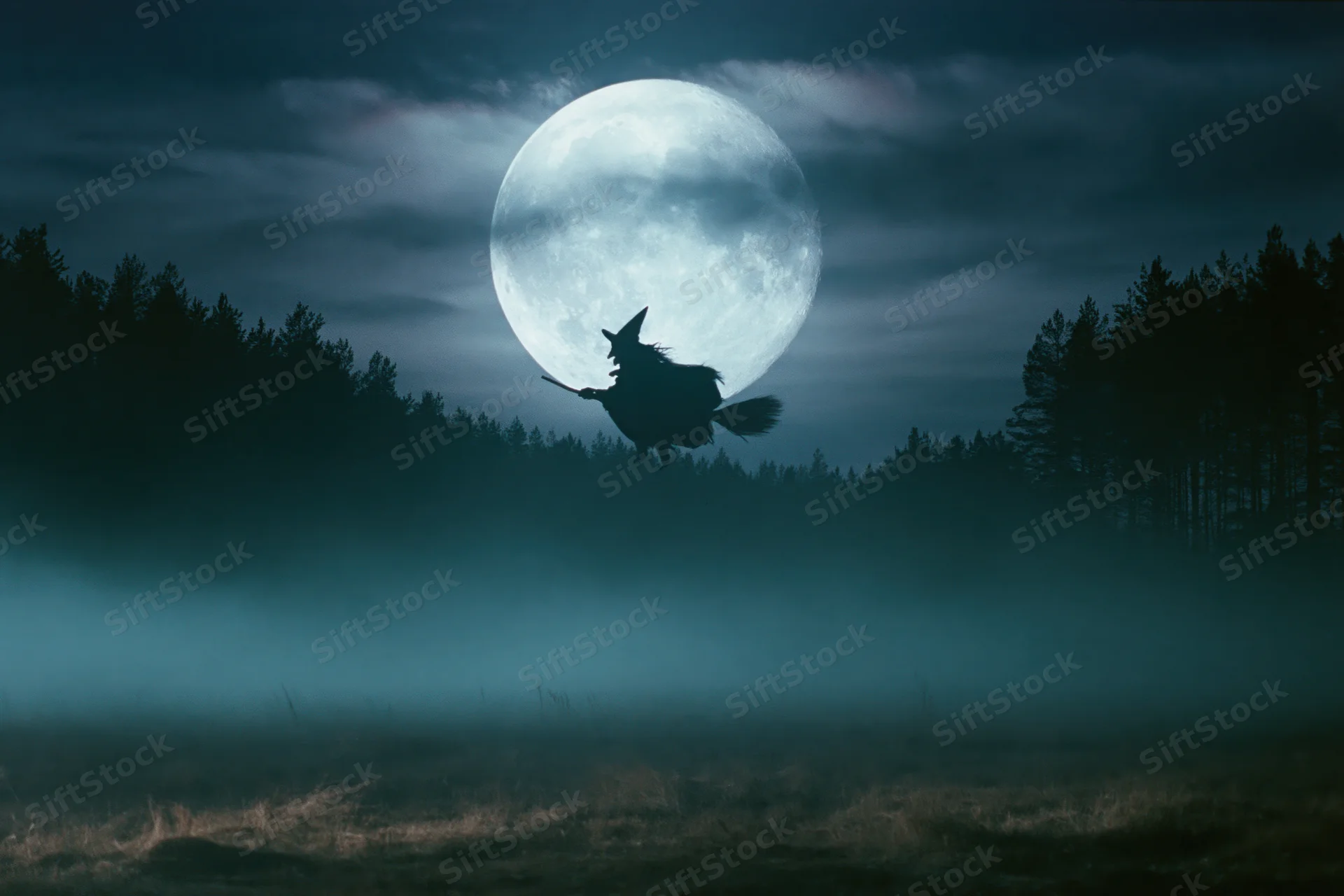Witch flying on broomstick silhouetted against full moon over misty forest at night