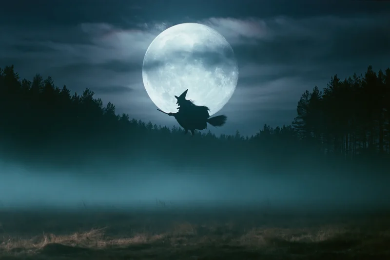 Witch flying on broomstick silhouetted against full moon over misty forest at night