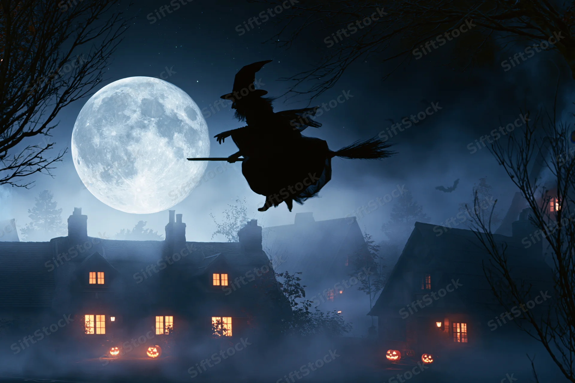 Witch flying on broomstick across full moon over foggy village with glowing windows and jack-o-lanterns