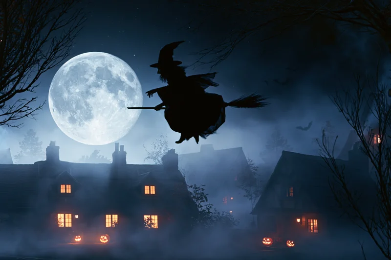 Witch flying on broomstick across full moon over foggy village with glowing windows and jack-o-lanterns
