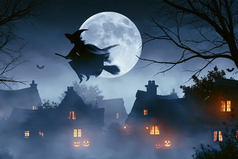 Witch flying on broomstick across full moon over foggy village with glowing windows and jack-o'-lanterns