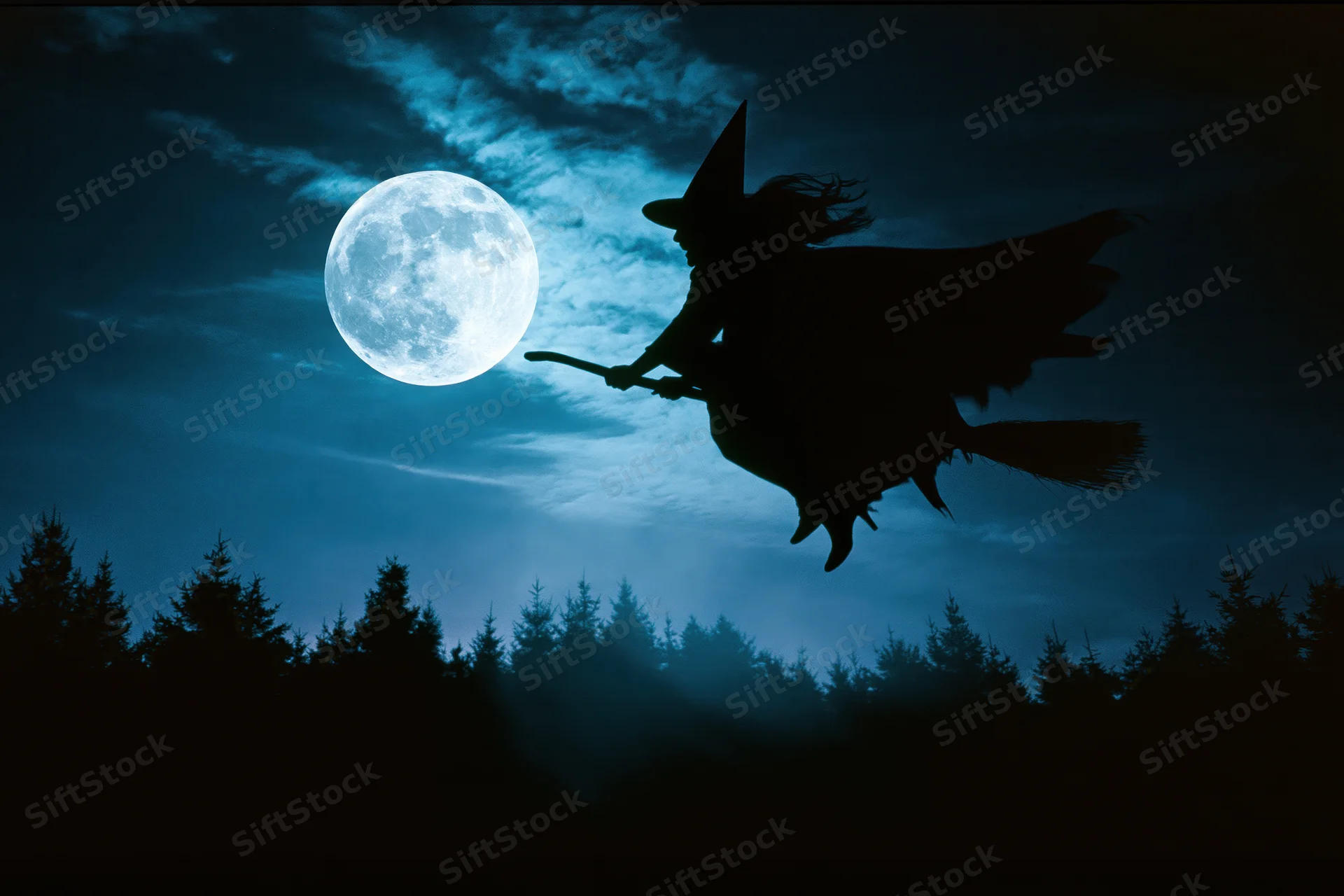 Witch flying on broomstick against full moon over forest at night