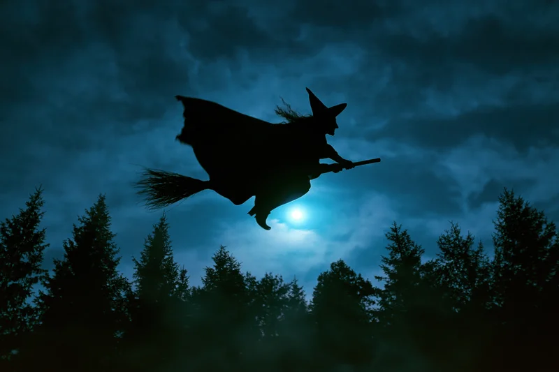 Witch flying on broomstick over forest at night under moonlight