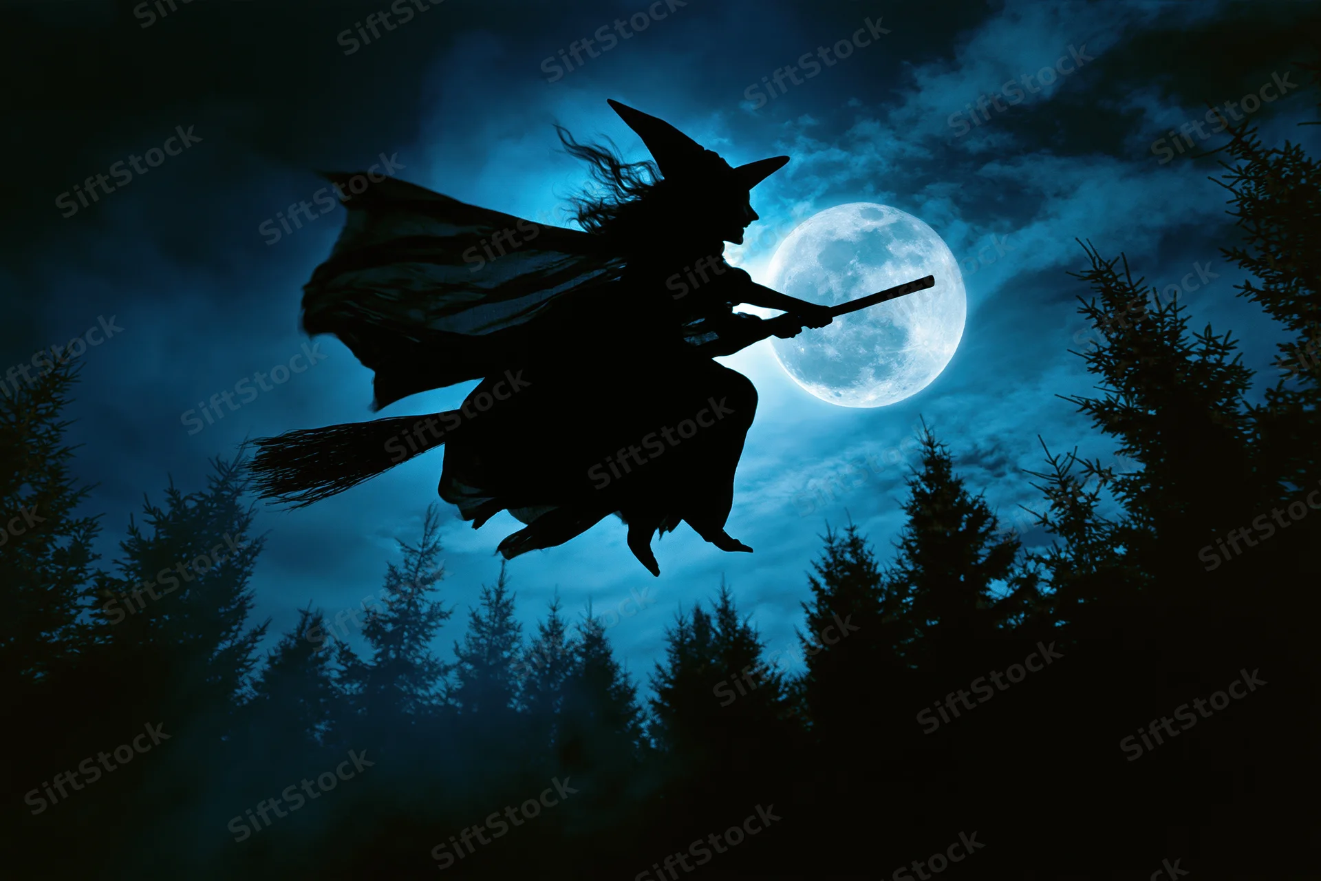 Witch flying on broomstick against full moon over forest at night