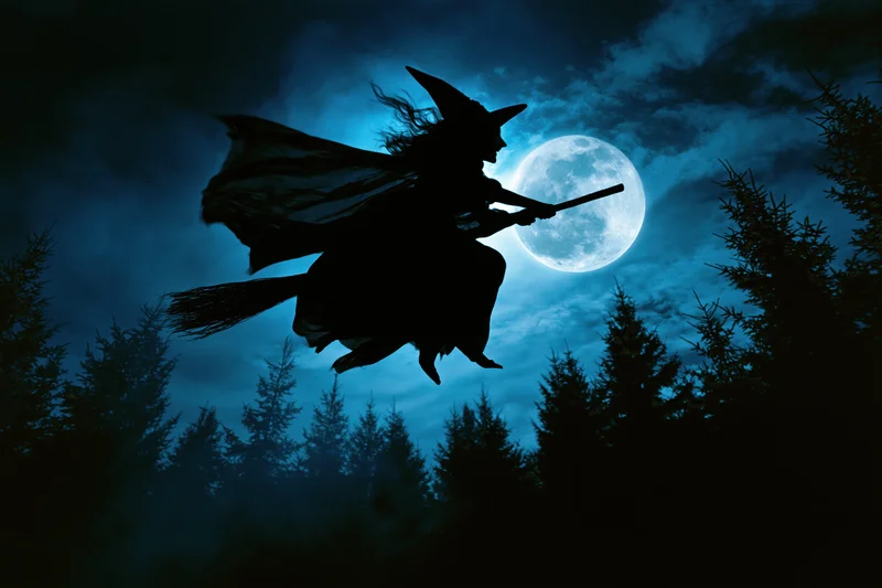 Witch flying on broomstick against full moon over forest at night