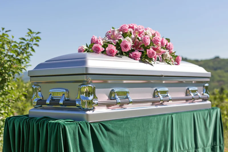 Silver metallic casket with pink roses on green velvet-draped bier outdoors