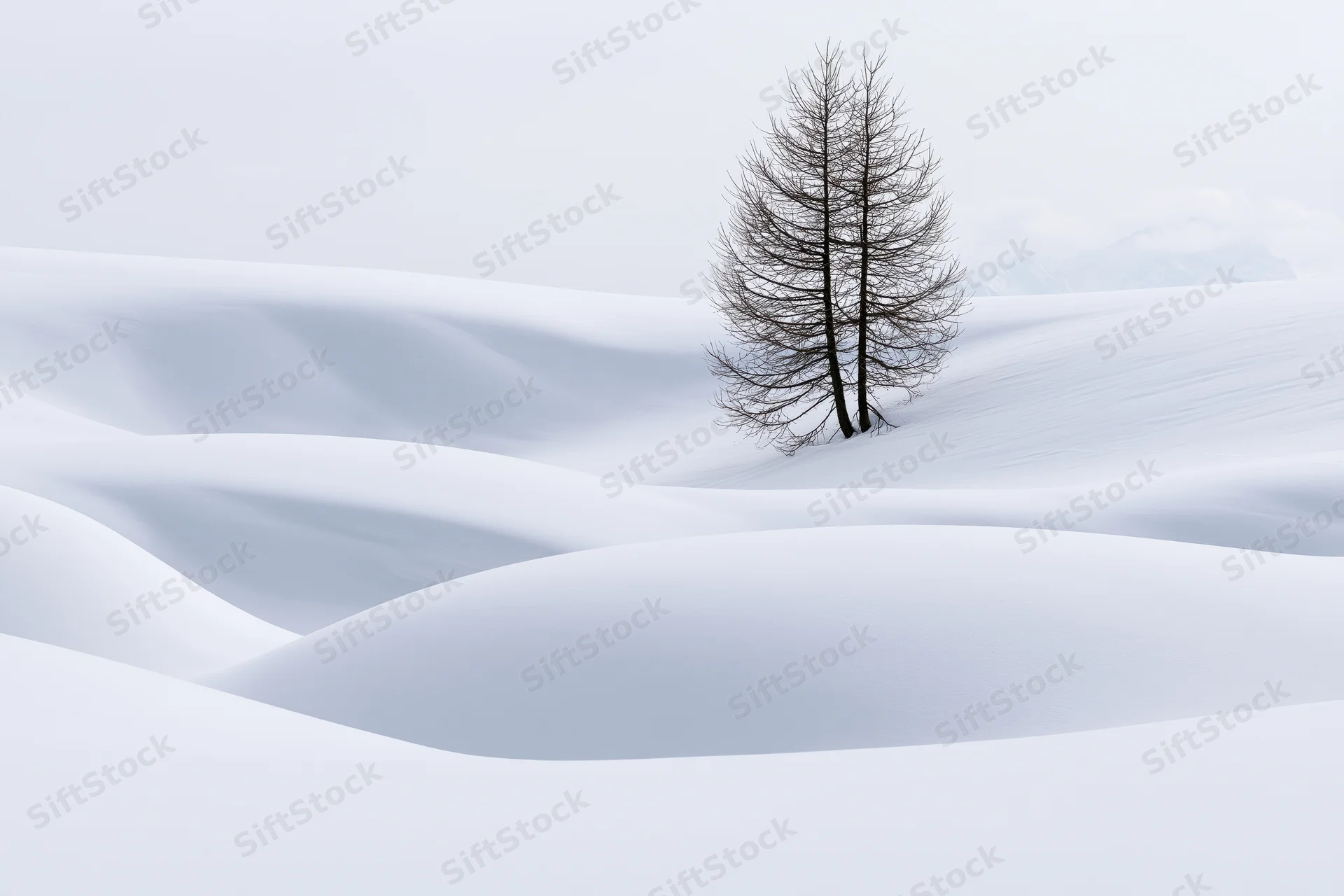 Solitary bare larch tree standing in deep snow drifts across a snowy alpine landscape