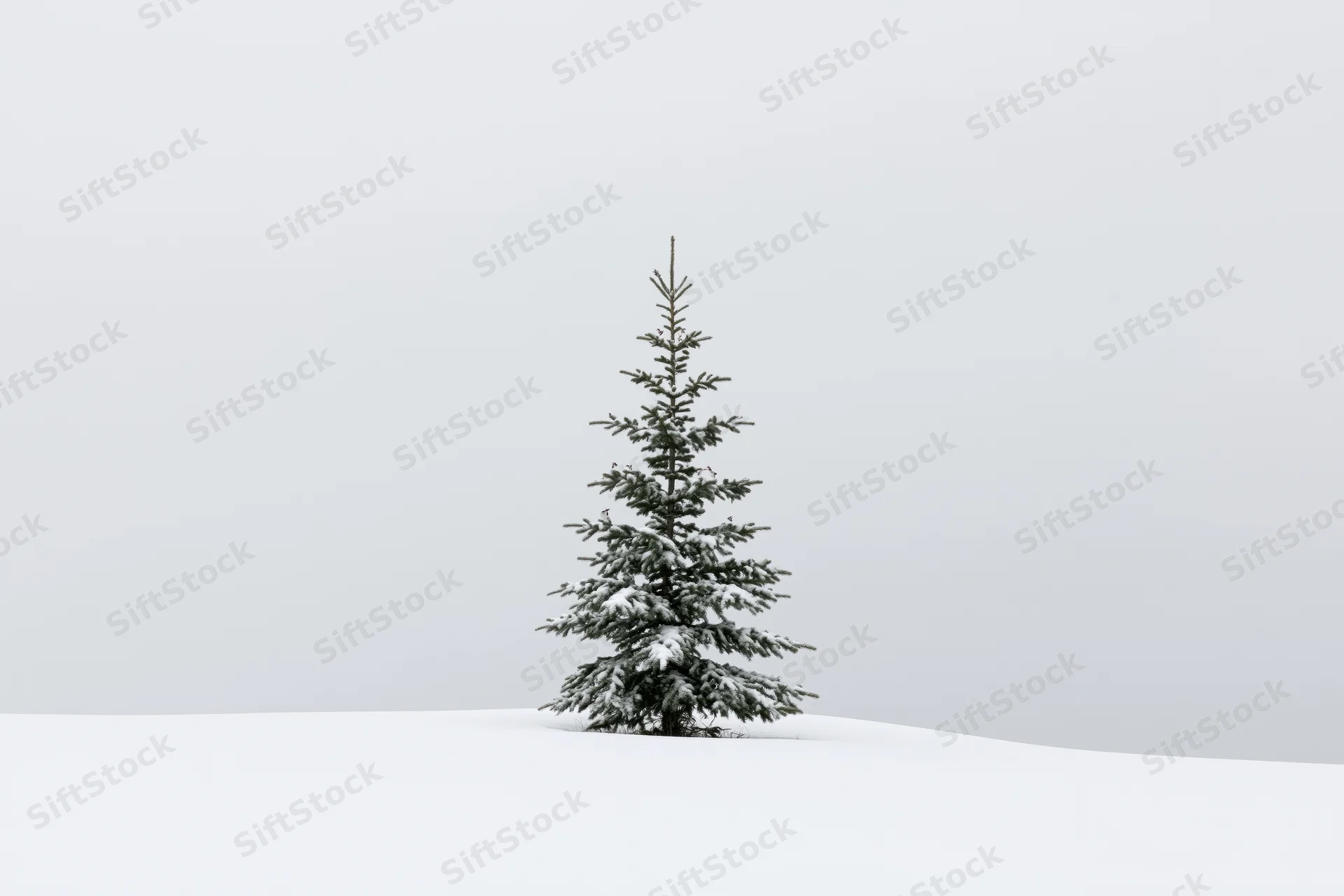 Young spruce tree covered in snow standing alone on a flat snowy hill under overcast sky