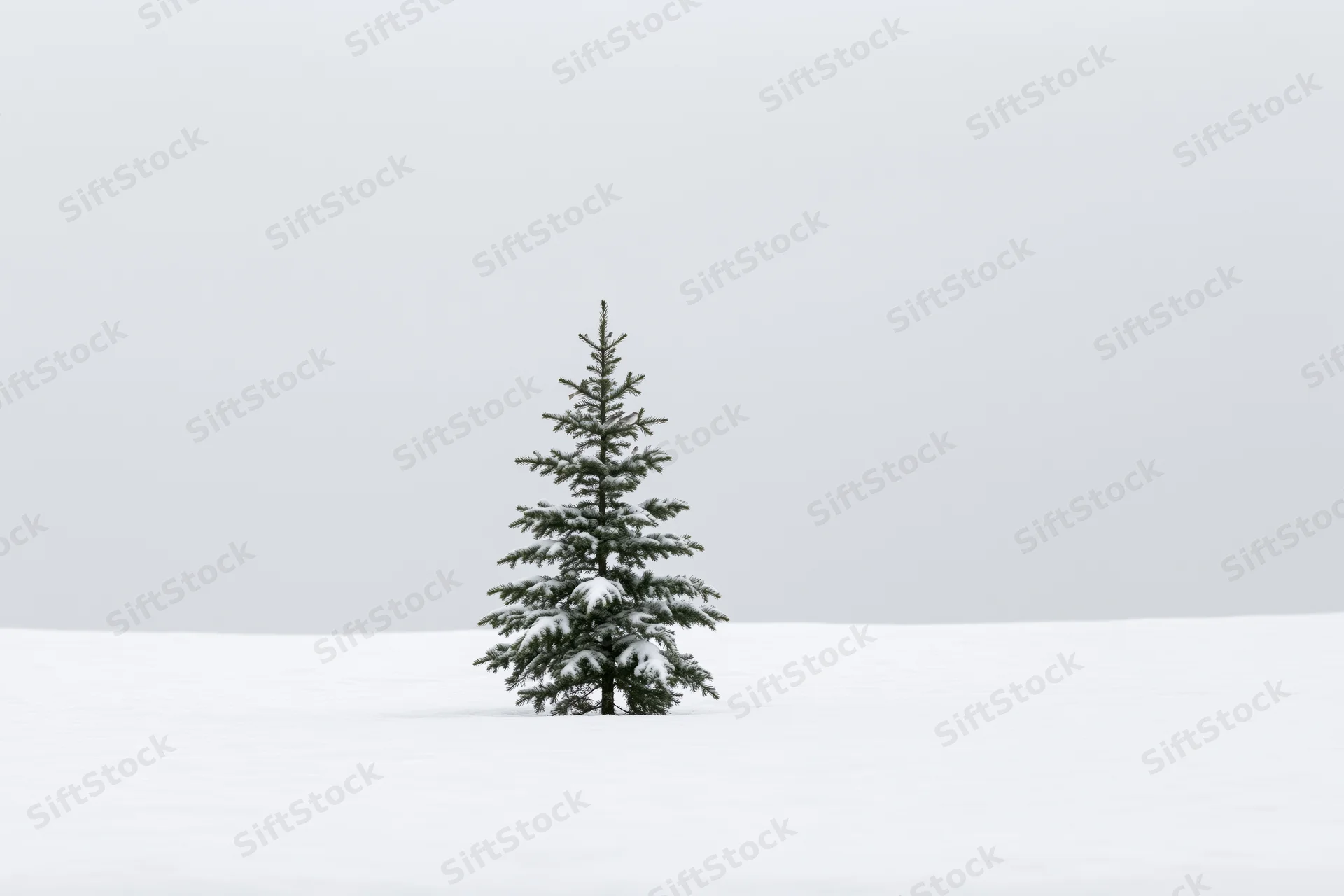 Single young spruce tree standing alone on a flat snowy field under overcast sky