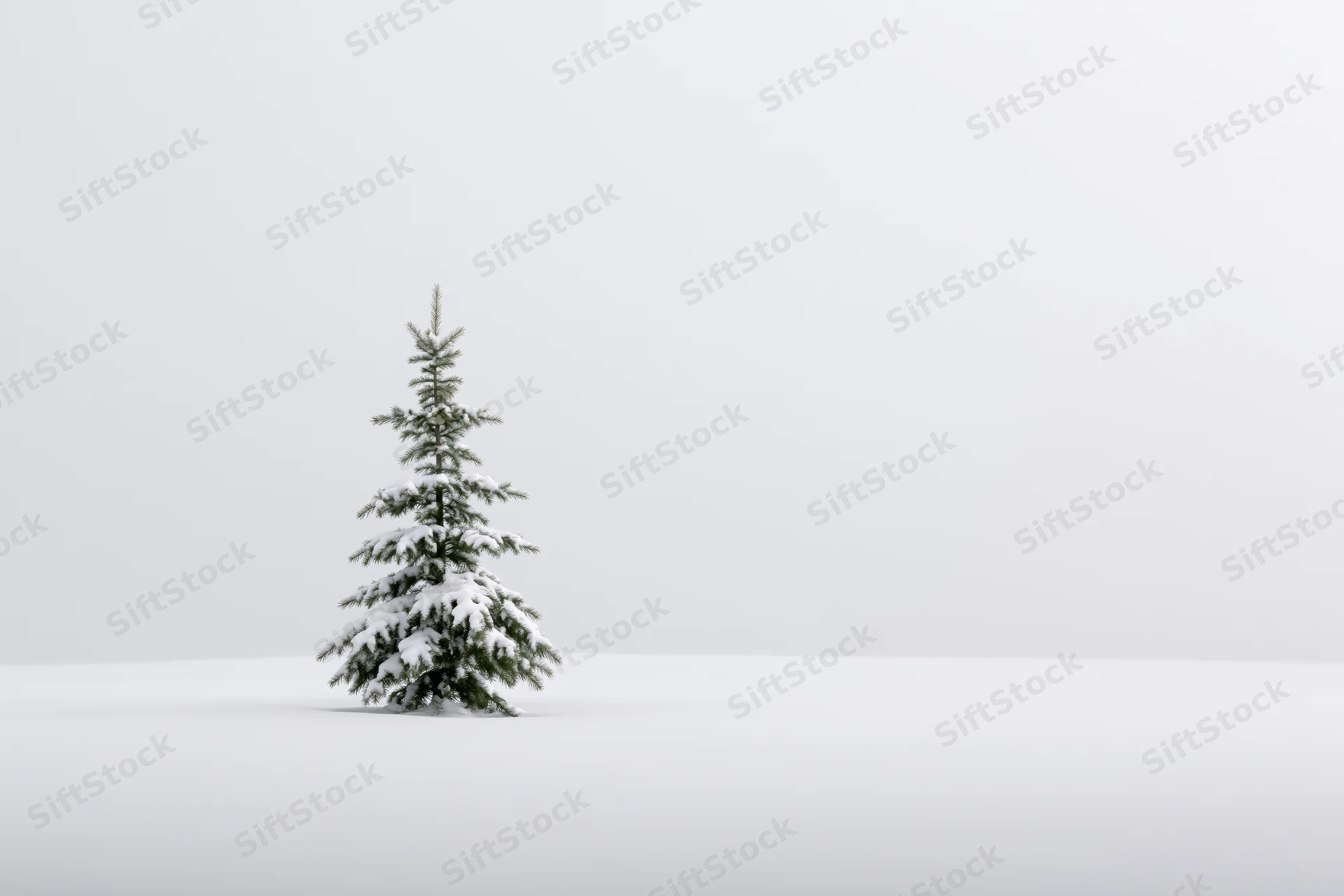 Snow-dusted spruce tree standing alone on a flat snowy plain under overcast sky