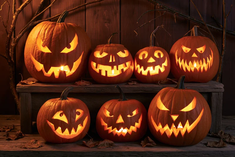 Seven carved pumpkins with glowing faces arranged on a wooden bench and floor, surrounded by dry leaves and twigs