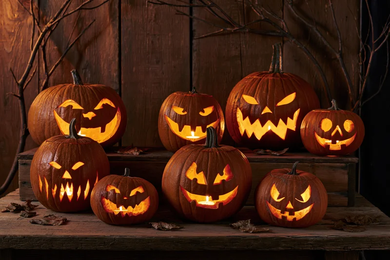Carved pumpkins with glowing faces arranged on a wooden table against a rustic backdrop