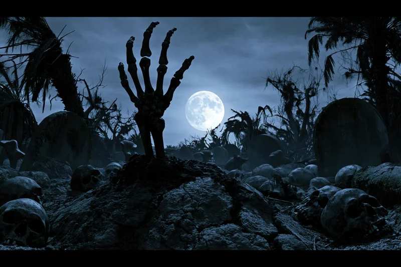 Skeletal hand rising from cracked earth in an abandoned graveyard under a full moon