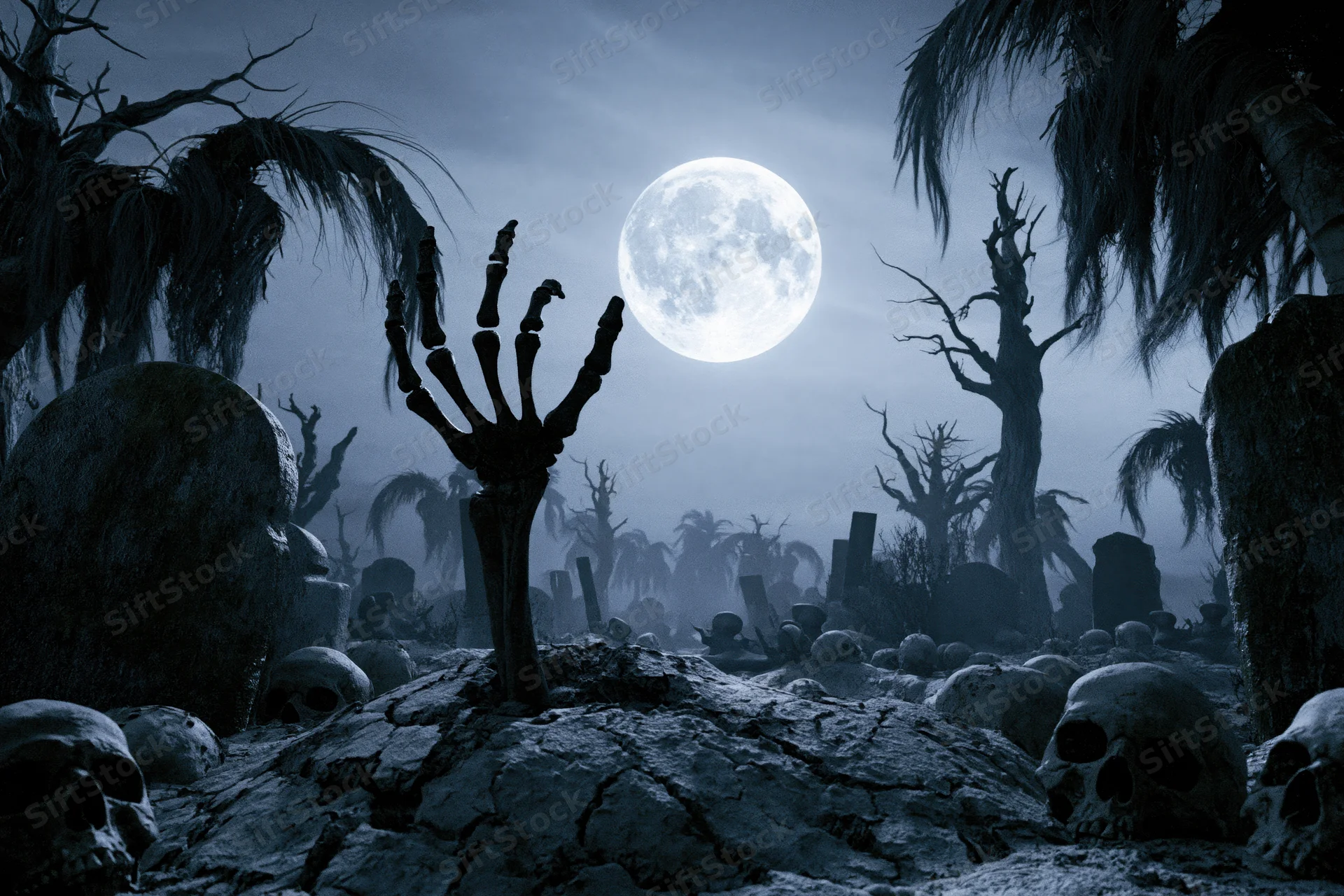 Skeletal hand rising from cracked earth in an abandoned graveyard under a full moon