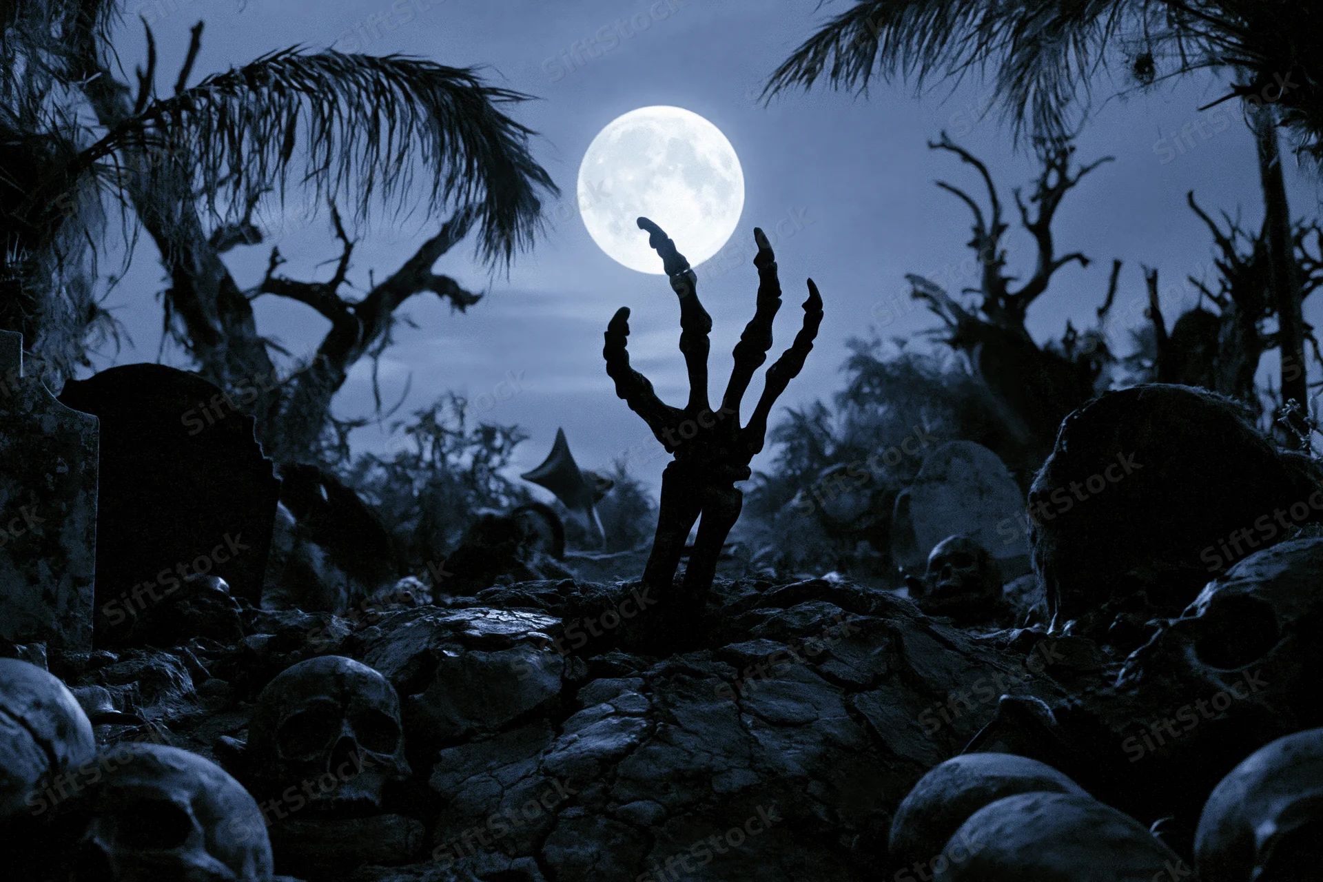 Skeletal hand rising from cracked earth in an abandoned graveyard under a full moon
