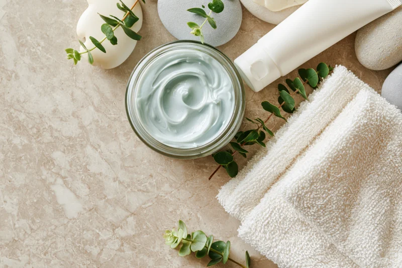 Open glass jar of pale blue face cream with eucalyptus sprigs, stones, towel and tube on marble surface